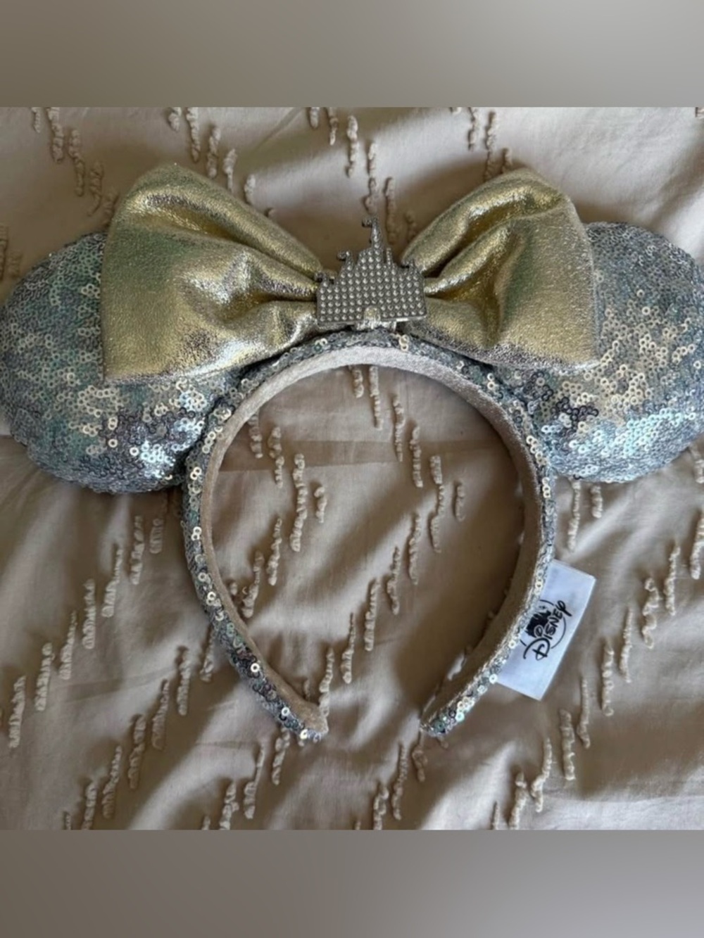 Disney Silver Sequin Minnie Ears Headband with Gold Bow and